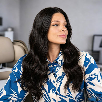 Natural Black Long Wavy Heat Friendly Synthetic Wig Mono Top