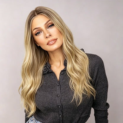 Natural Dark Root Blonde Balayage Long Wavy Mono Top Synthetic Wig