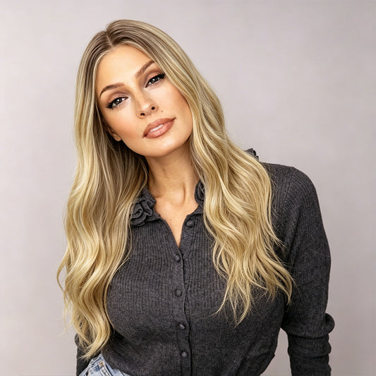 Natural Dark Root Blonde Balayage Long Wavy Mono Top Synthetic Wig