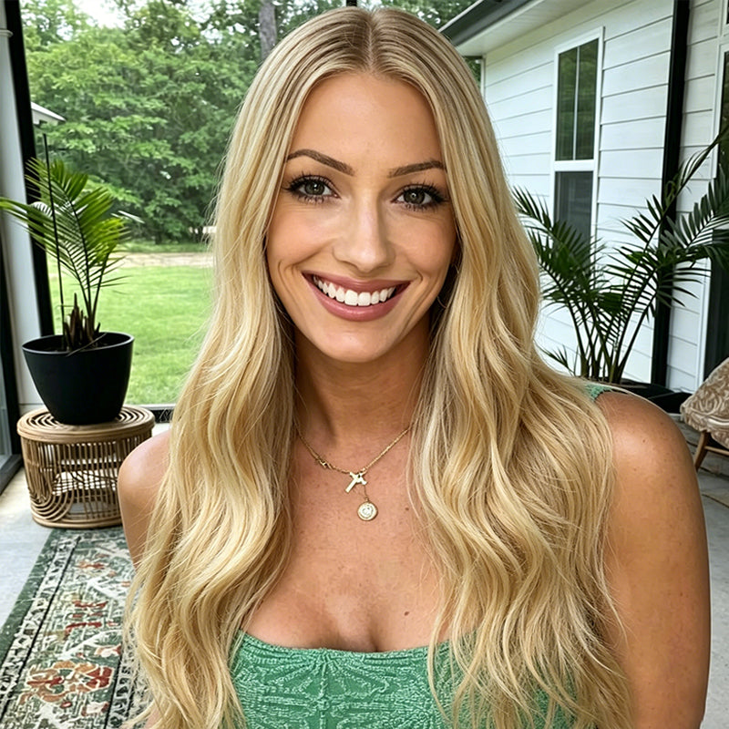 Natural Dark Root Blonde Balayage Long Wavy Mono Top Synthetic Wig