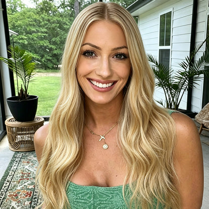 Natural Dark Root Blonde Balayage Long Wavy Mono Top Synthetic Wig