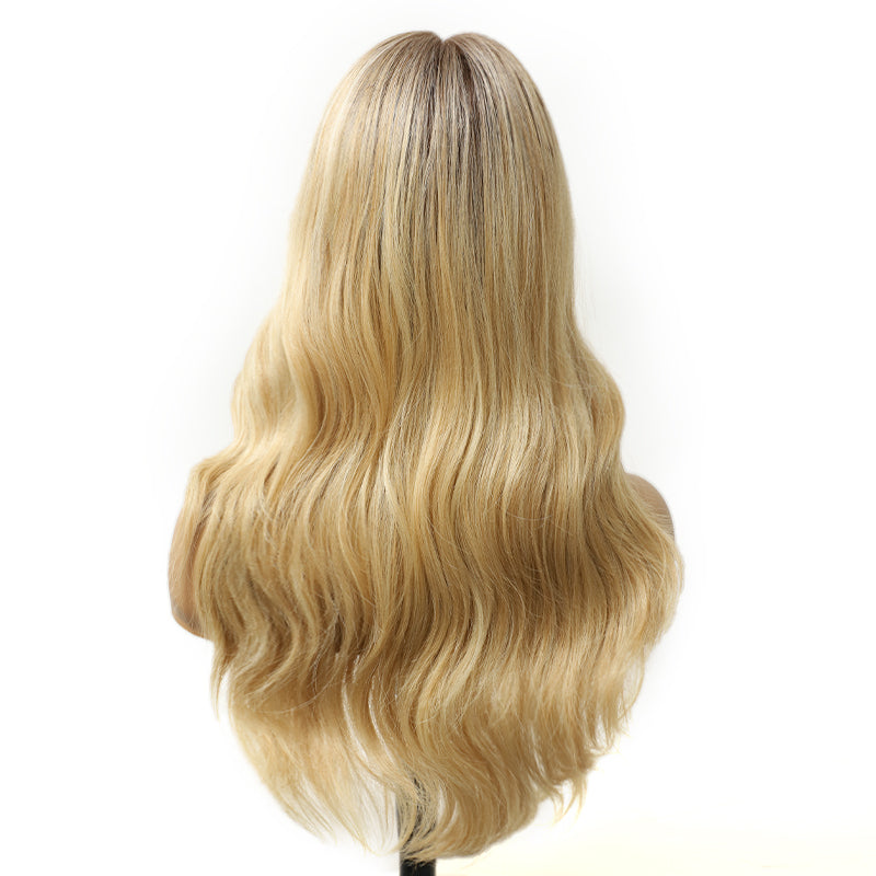Natural Dark Root Blonde Balayage Long Wavy Mono Top Synthetic Wig