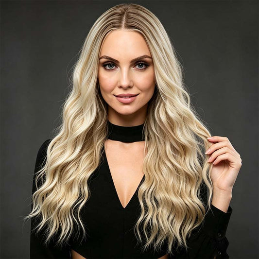 Platinum Ash Blonde Highlight Long Wavy Mono Top Synthetic Wig with Dark Roots