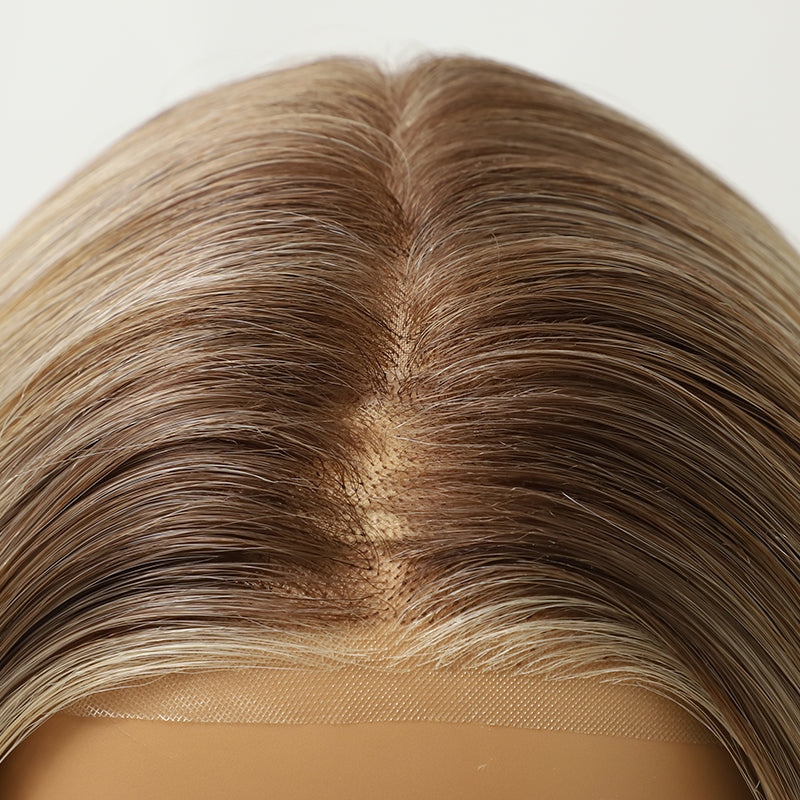 Platinum Ash Blonde Highlight Long Wavy Mono Top Synthetic Wig with Dark Roots