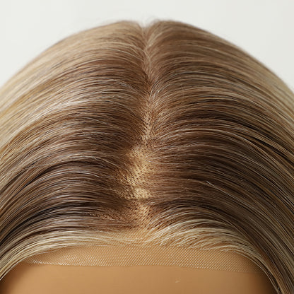 Platinum Ash Blonde Highlight Long Wavy Mono Top Synthetic Wig with Dark Roots