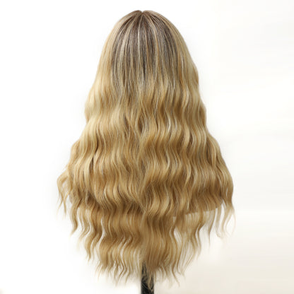 Platinum Ash Blonde Highlight Long Wavy Mono Top Synthetic Wig with Dark Roots