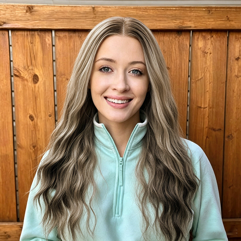 Platinum Ash Blonde Highlight Long Wavy Mono Top Synthetic Wig with Dark Roots