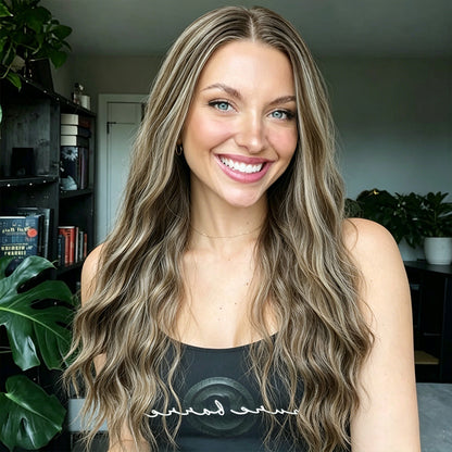 Platinum Ash Blonde Highlight Long Wavy Mono Top Synthetic Wig with Dark Roots