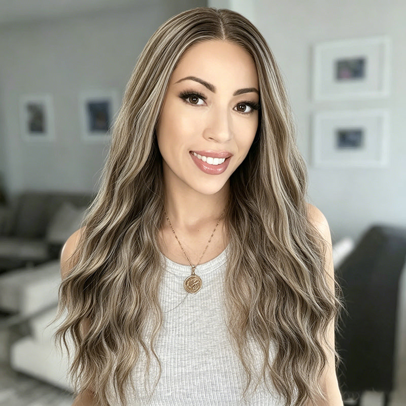 Platinum Ash Blonde Highlight Long Wavy Mono Top Synthetic Wig with Dark Roots