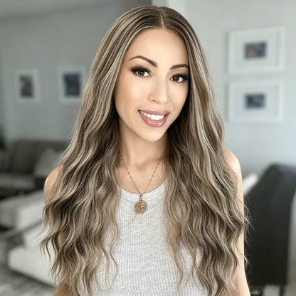 Platinum Ash Blonde Highlight Long Wavy Mono Top Synthetic Wig with Dark Roots
