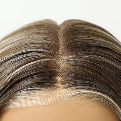 Platinum Ash Blonde Highlight Long Wavy Mono Top Synthetic Wig with Dark Roots