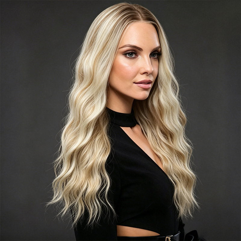 Platinum Ash Blonde Highlight Long Wavy Mono Top Synthetic Wig with Dark Roots