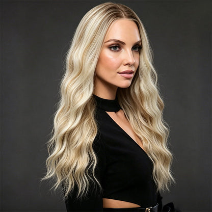 Platinum Ash Blonde Highlight Long Wavy Mono Top Synthetic Wig with Dark Roots