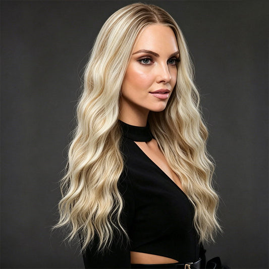 Platinum Ash Blonde Highlight Long Wavy Mono Top Synthetic Wig with Dark Roots
