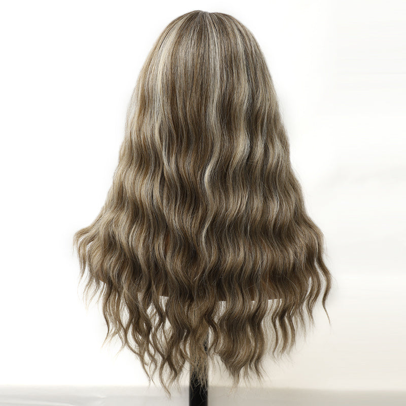 Platinum Ash Blonde Highlight Long Wavy Mono Top Synthetic Wig with Dark Roots