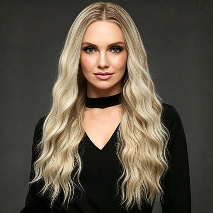 Platinum Ash Blonde Highlight Long Wavy Mono Top Synthetic Wig with Dark Roots