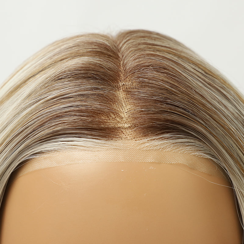 Platinum Ash Blonde Highlight Long Wavy Mono Top Synthetic Wig with Dark Roots