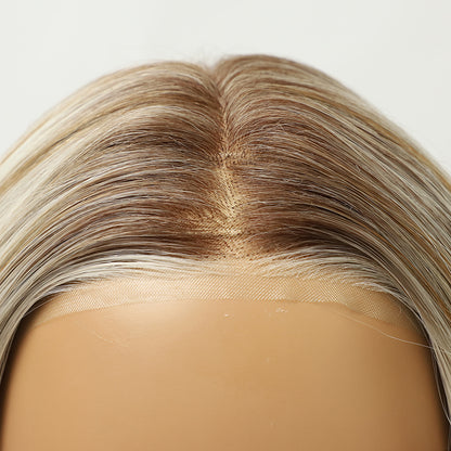 Platinum Ash Blonde Highlight Long Wavy Mono Top Synthetic Wig with Dark Roots