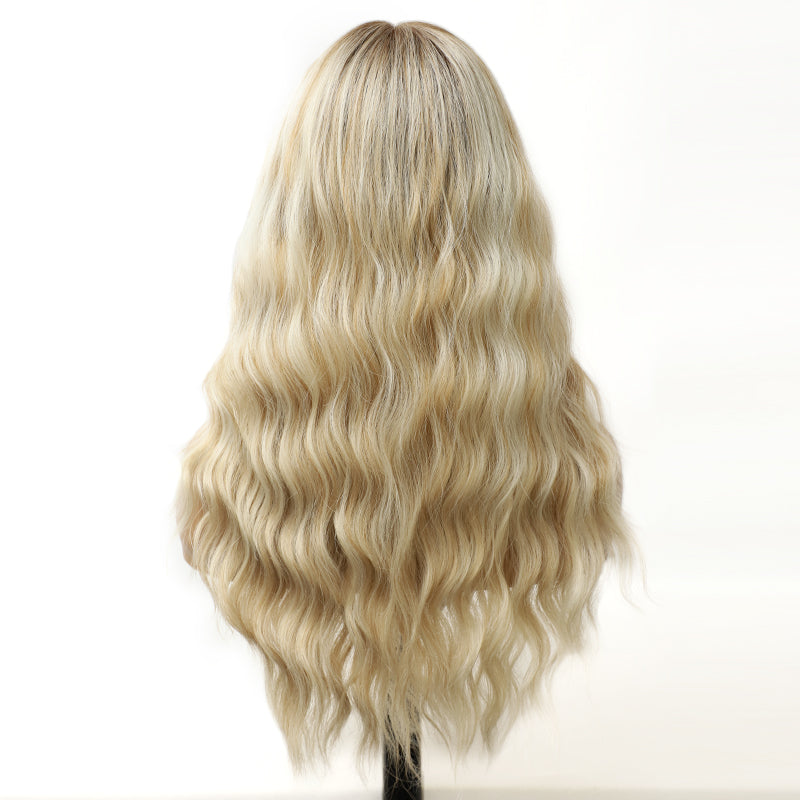 Platinum Ash Blonde Highlight Long Wavy Mono Top Synthetic Wig with Dark Roots