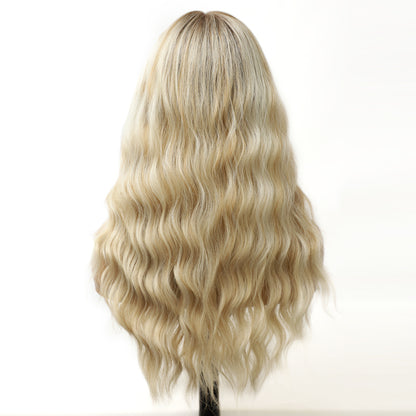 Platinum Ash Blonde Highlight Long Wavy Mono Top Synthetic Wig with Dark Roots