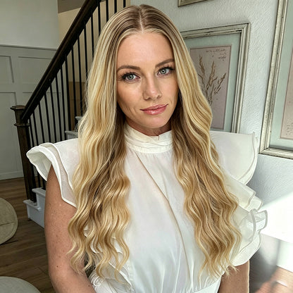 Platinum Ash Blonde Highlight Long Wavy Mono Top Synthetic Wig with Dark Roots