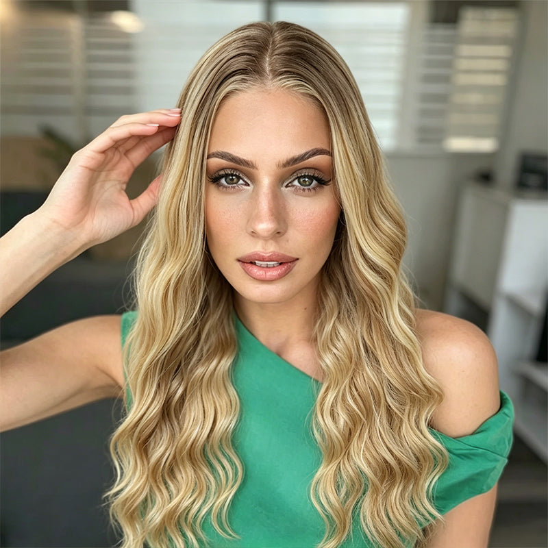 Platinum Ash Blonde Highlight Long Wavy Mono Top Synthetic Wig with Dark Roots