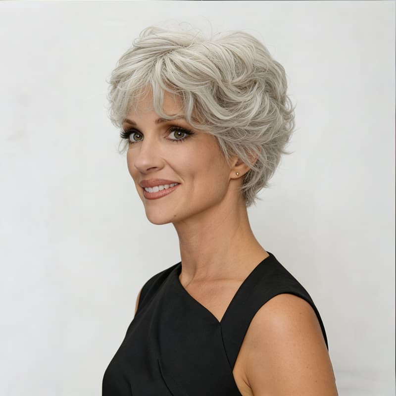 Short Layered Silver Pixie Cut Synthetic Wig (MONO TOP)